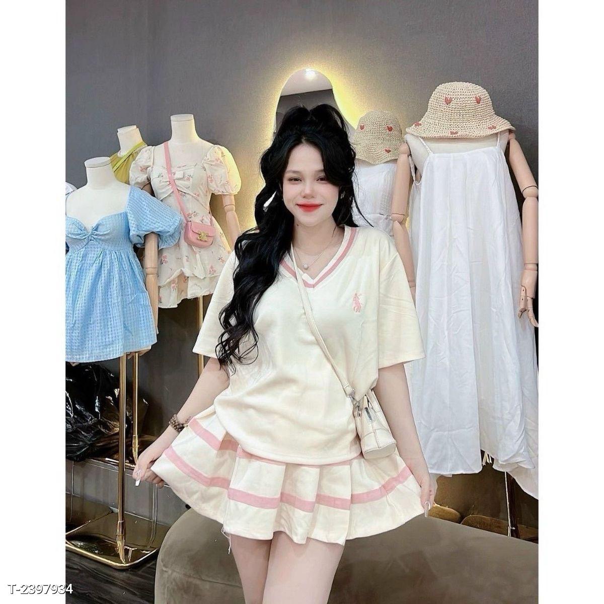 Set váy áo nữ cổ V phối viền màu kèm chân váy xếp ly hot girl chất liệu tăm lạnh hàng đẹp